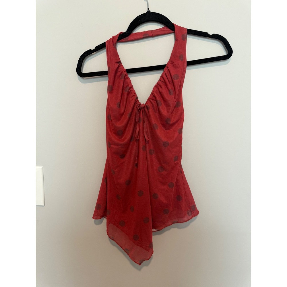 Milk + Honey Red Polka Dot Halter Top Sheer Mesh Handkerchief Hem Small